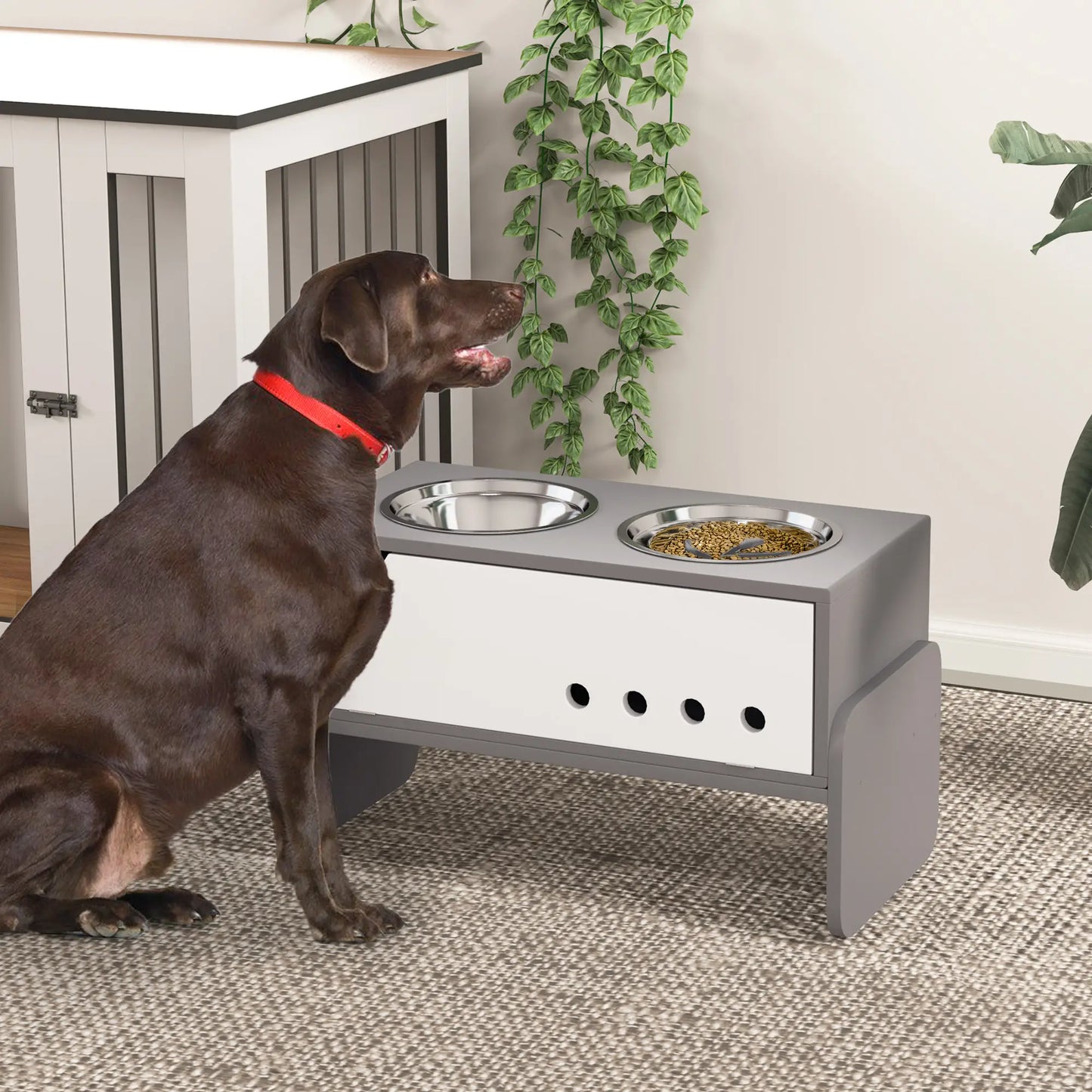 PawHut 3 Height Adjustable Raised Dog Bowls, Dog Feeding Storage Station w/ Slow Feeder Mat, 2 Stainless Steel Bowls