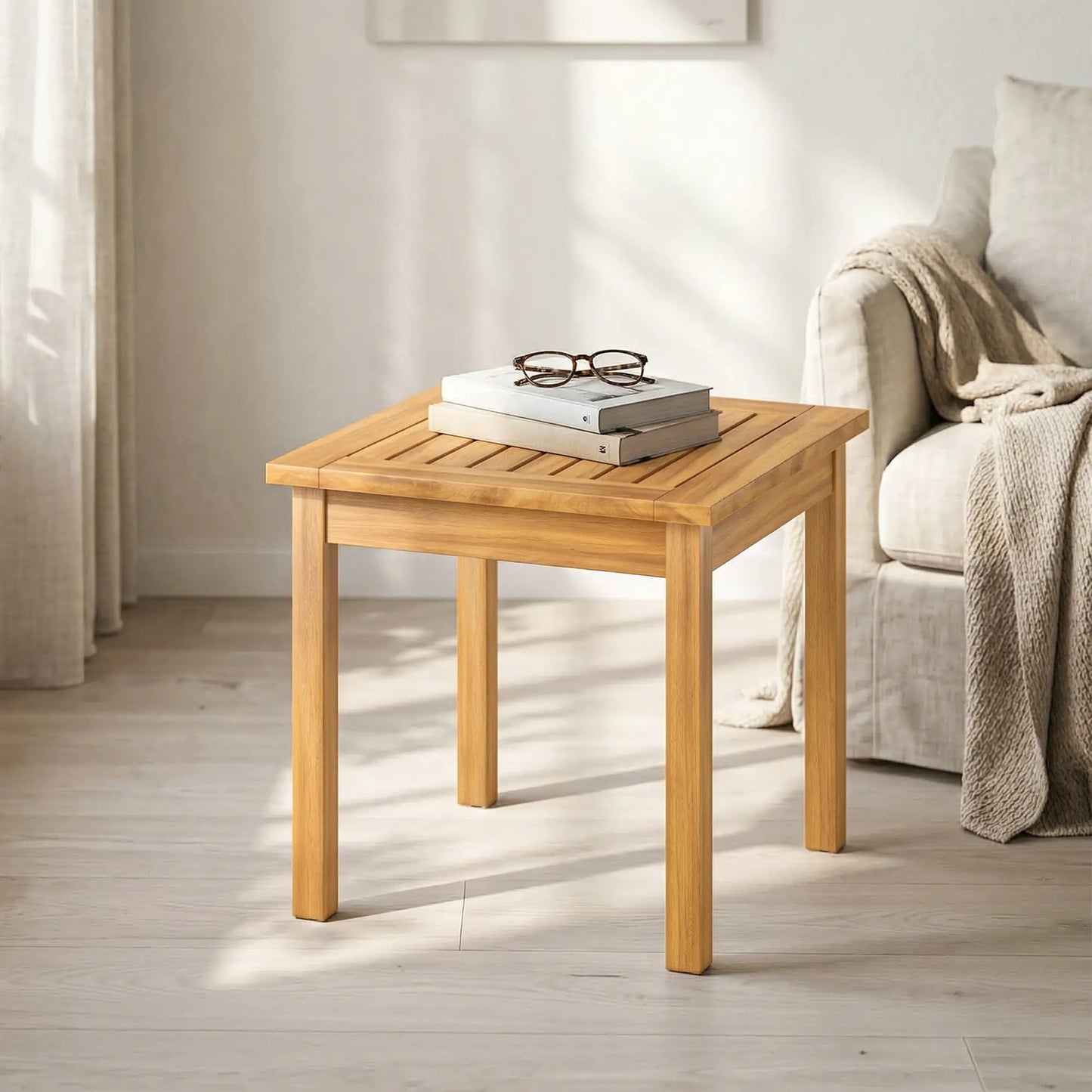 Outsunny Coffee Table Fully Assembled Patio Side Table Slatted Top Solid Acacia Wood, Natural Wood