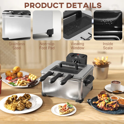 HOMCOM 5 Litre Deep Fat Fryer with Adjustable Temperature & Timer, 2000W Stainless Steel Deep Fryer