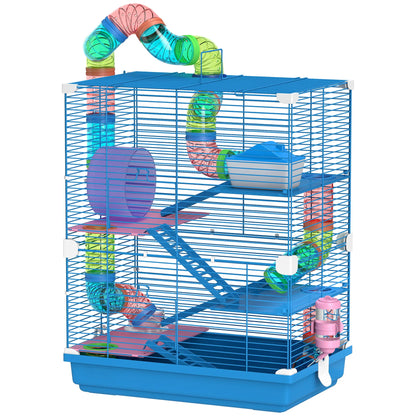 PawHut 5 Tier Hamster Cage Carrier Habitat w/ Exercise Wheels, Tunnel, Blue