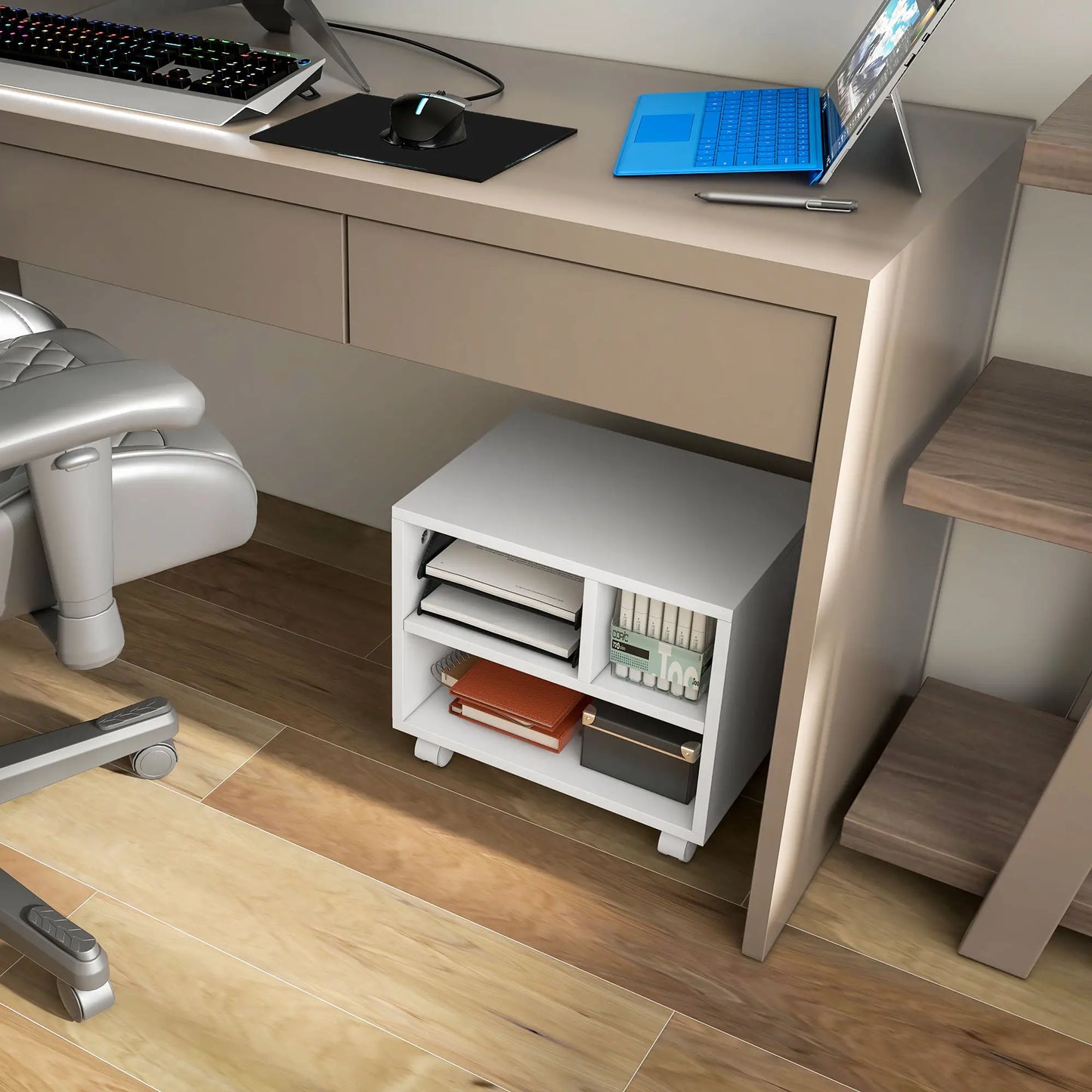 HOMCOM Three-Compartment Office Storage Printer Cabinet with Wheels - White