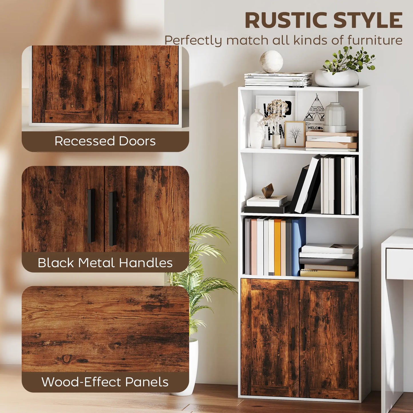 HOMCOM 5-Tier Bookcase with Adjustable Storage Shelf - Rustic Brown