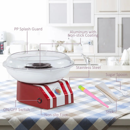 HOMCOM Candy Floss Machine, 550W Retro Cotton Maker Gadgetry with 10 Candyfloss Sticks, Non-Slip Base, Red