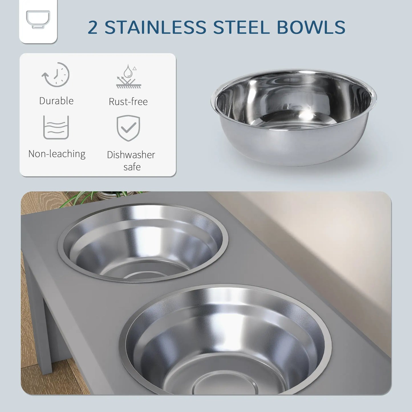 PawHut Raised Dog Feeding Bowls with Stand, Stainless Steel for Medium Dog - Grey