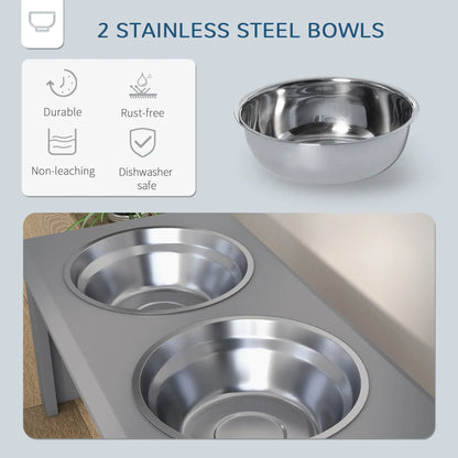 PawHut Raised Dog Feeding Bowls with Stand, Stainless Steel for Medium Dog - Grey