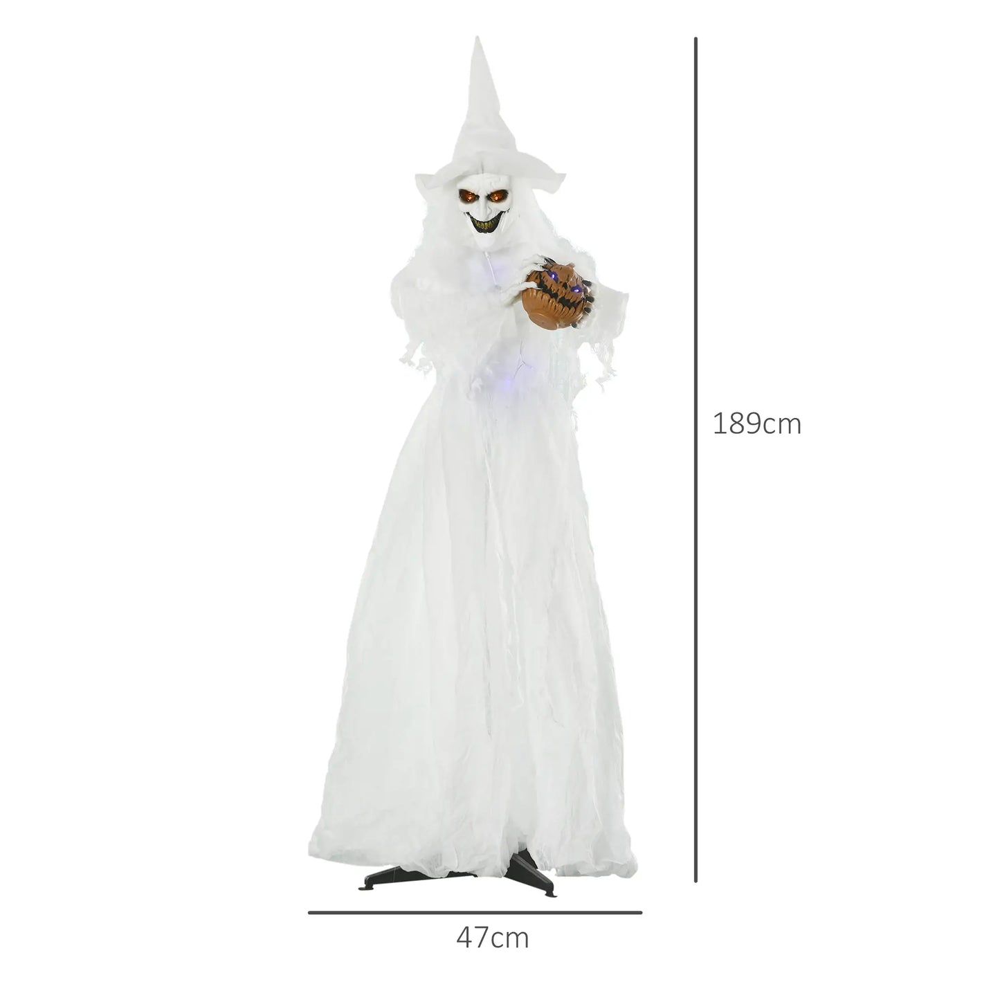 Outsunny Halloween Decorations White Witch Holding Pumpkin Head, Ghost Prop with Light Up Eyes & Body