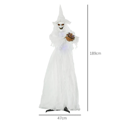 Outsunny Halloween Decorations White Witch Holding Pumpkin Head, Ghost Prop with Light Up Eyes & Body