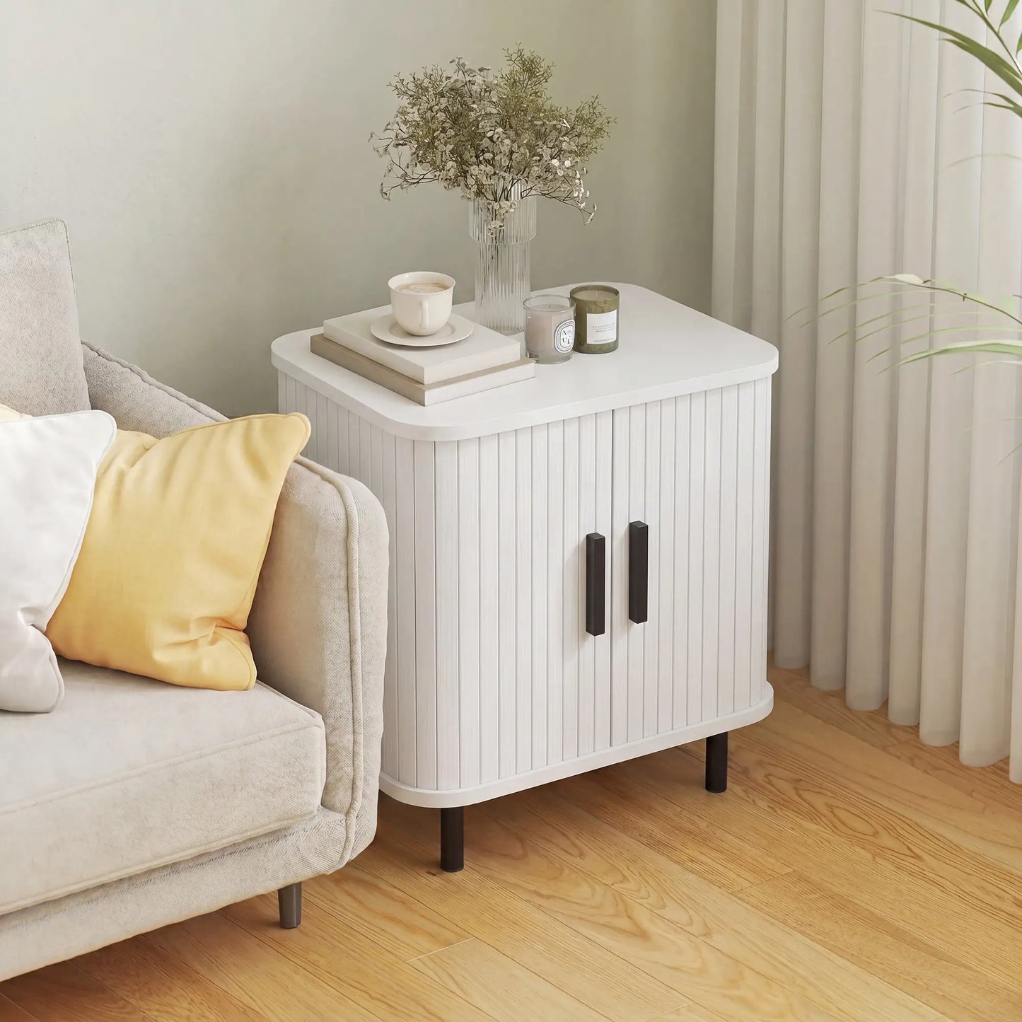 HOMCOM Nightstand Bedside Table with Sliding Doors and Metal Legs, White Wood Effect