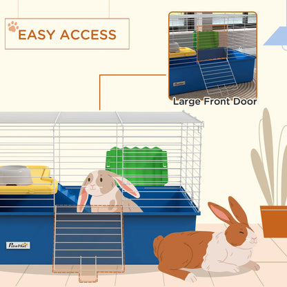 PawHut Chinchillas Small Rabbit Guinea Pig Small Animal Cage, Pet Playhouse with Platform, Ramp, Blue
