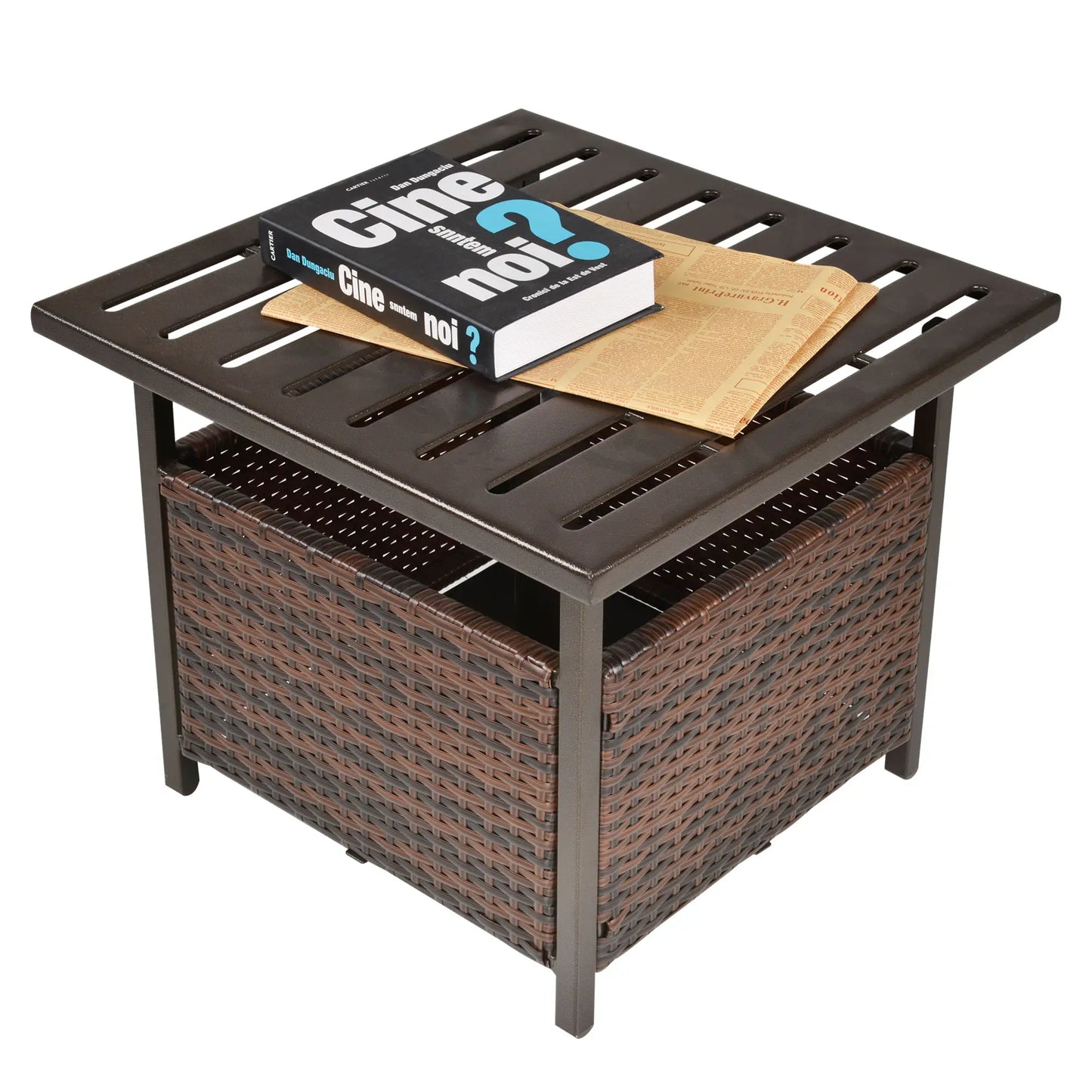 Rattan Garden Coffee Table, Square Wicker Patio Side Table with Umbrella Hole, Metal Bottom for Outdoor, Brown