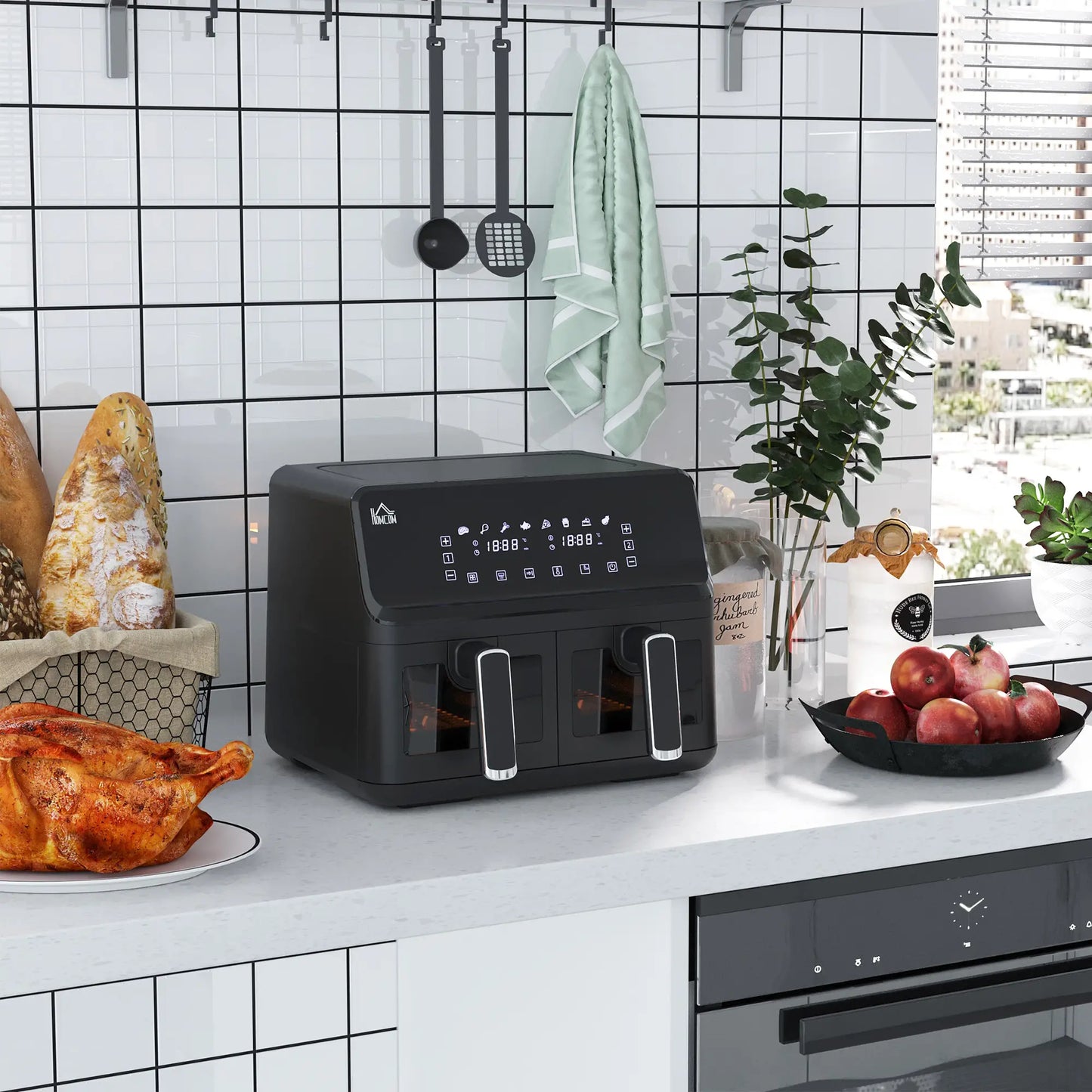 HOMCOM 8L Dual Basket Air Fryer, 8-in-1 Air Fryer Oven with Digital Display, Timer, Preheat for Oil Free Low Fat Cooking, 2500W