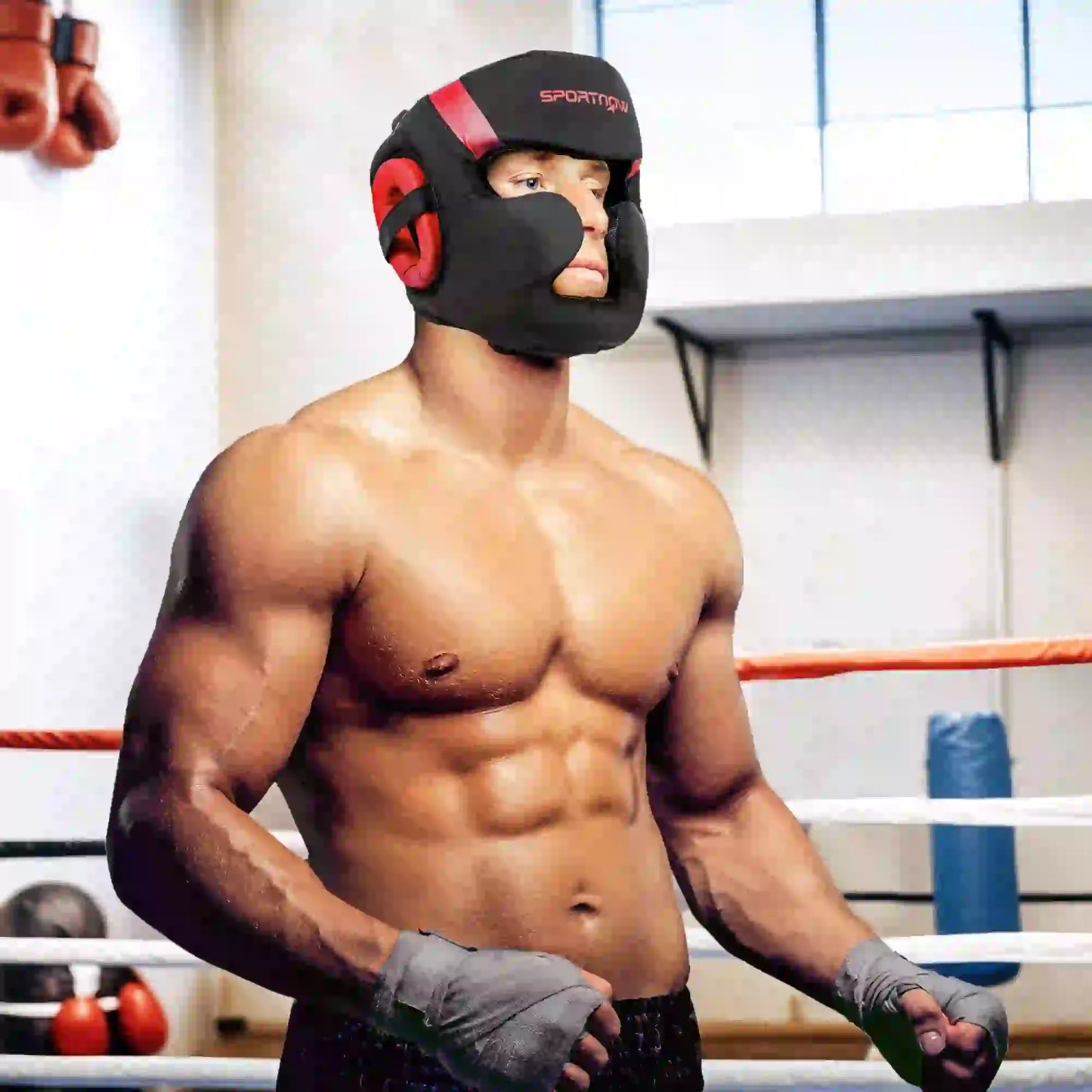 SPORTNOW Boxing Headguard, Headgear Helmet with Adjustable Strap for Full Face Protection for Kickboxing Sparring, Red