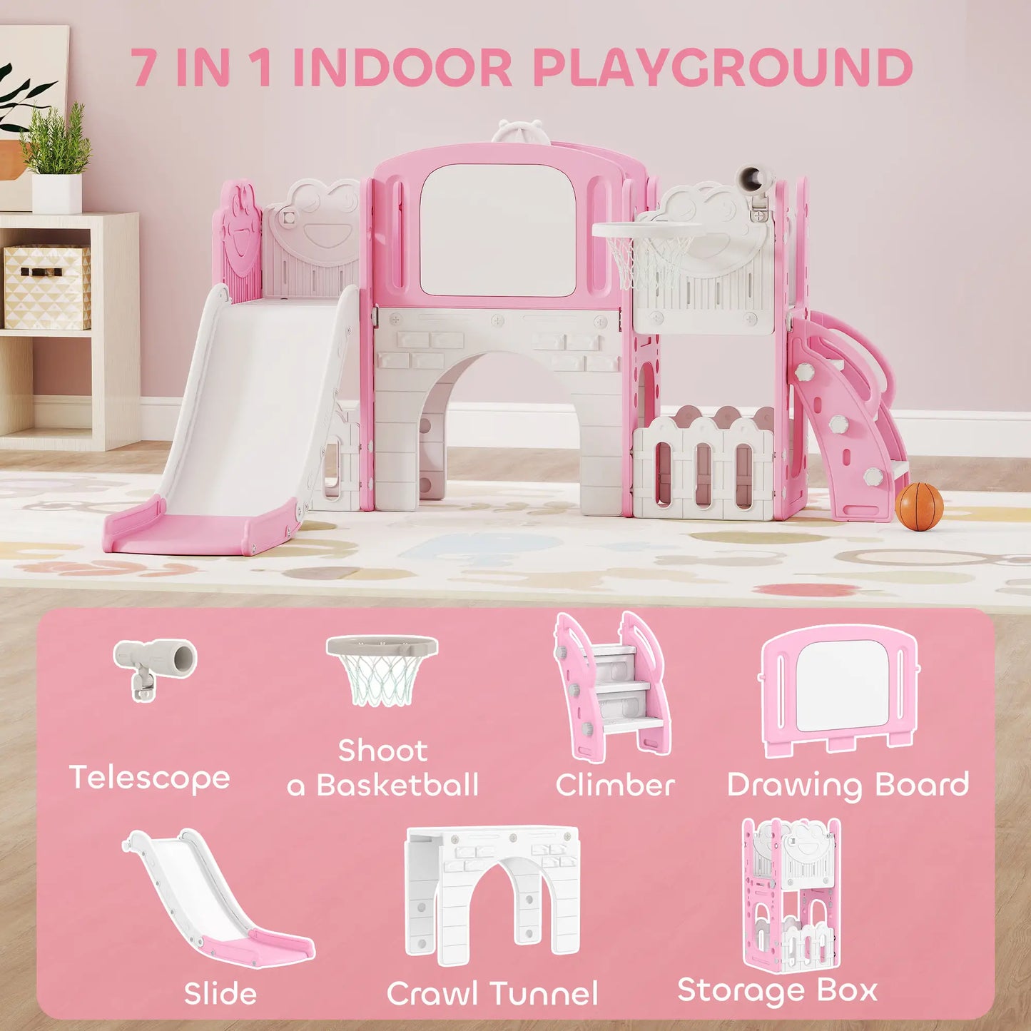 AIYAPLAY 7 in 1 Toddler Slide Set with Basketball Hoop, Climbing Frame, Telescope, Drawing Board, Storage Box, Pink