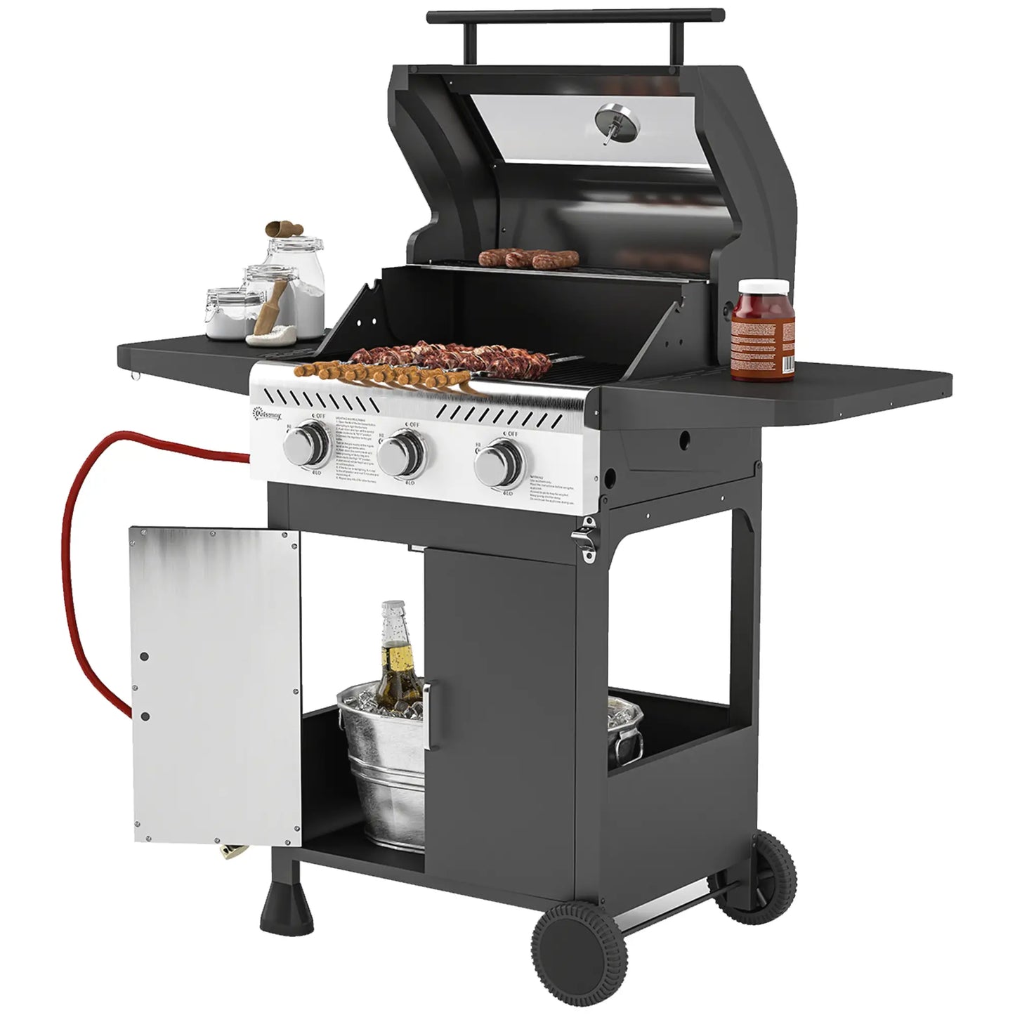 Outsunny 7.5kW Three-Burner Barbecue Gas BBQ Grill with See-Through Lid - Black