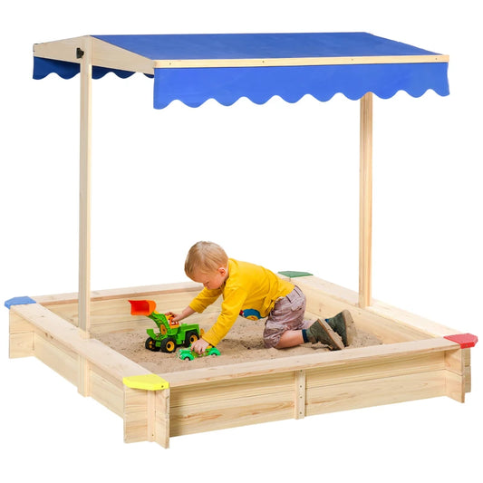 Outsunny Kids Wooden Sand Pit Children Square Sandbox Outdoor Playset Play Station Adjustable Canopy Bench Seat