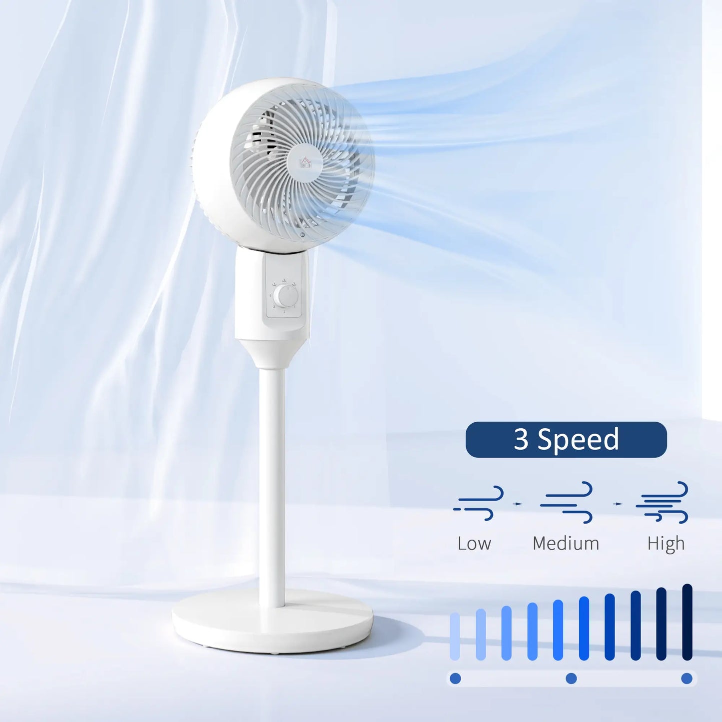 HOMCOM 9" Pedestal Fan, 70° Oscillation 90° Vertical Tilt Oscillating Air Circulator with 3 Speeds, Standing Fan, White