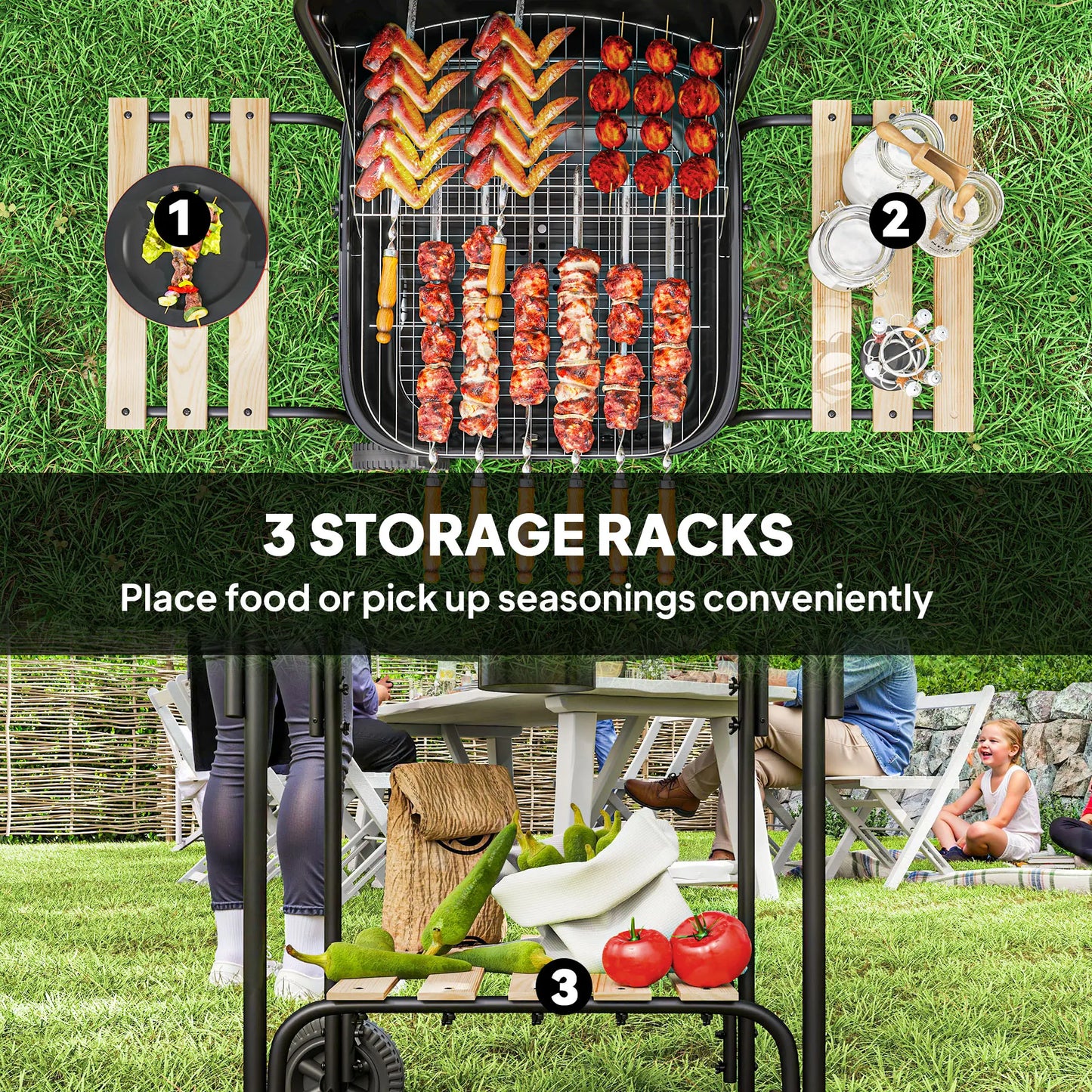 Outsunny Charcoal Barbecue Grill Portable BBQ Grill with Cooking Area, 3 Shelves, Lockable Lid, Wheels for Outdoor Cooking, Garden Party, Black