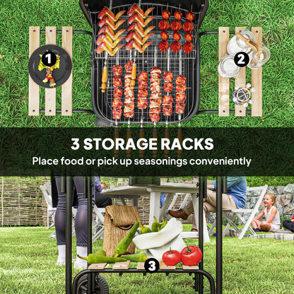 Outsunny Charcoal Barbecue Grill Portable BBQ Grill with Cooking Area, 3 Shelves, Lockable Lid, Wheels for Outdoor Cooking, Garden Party, Black