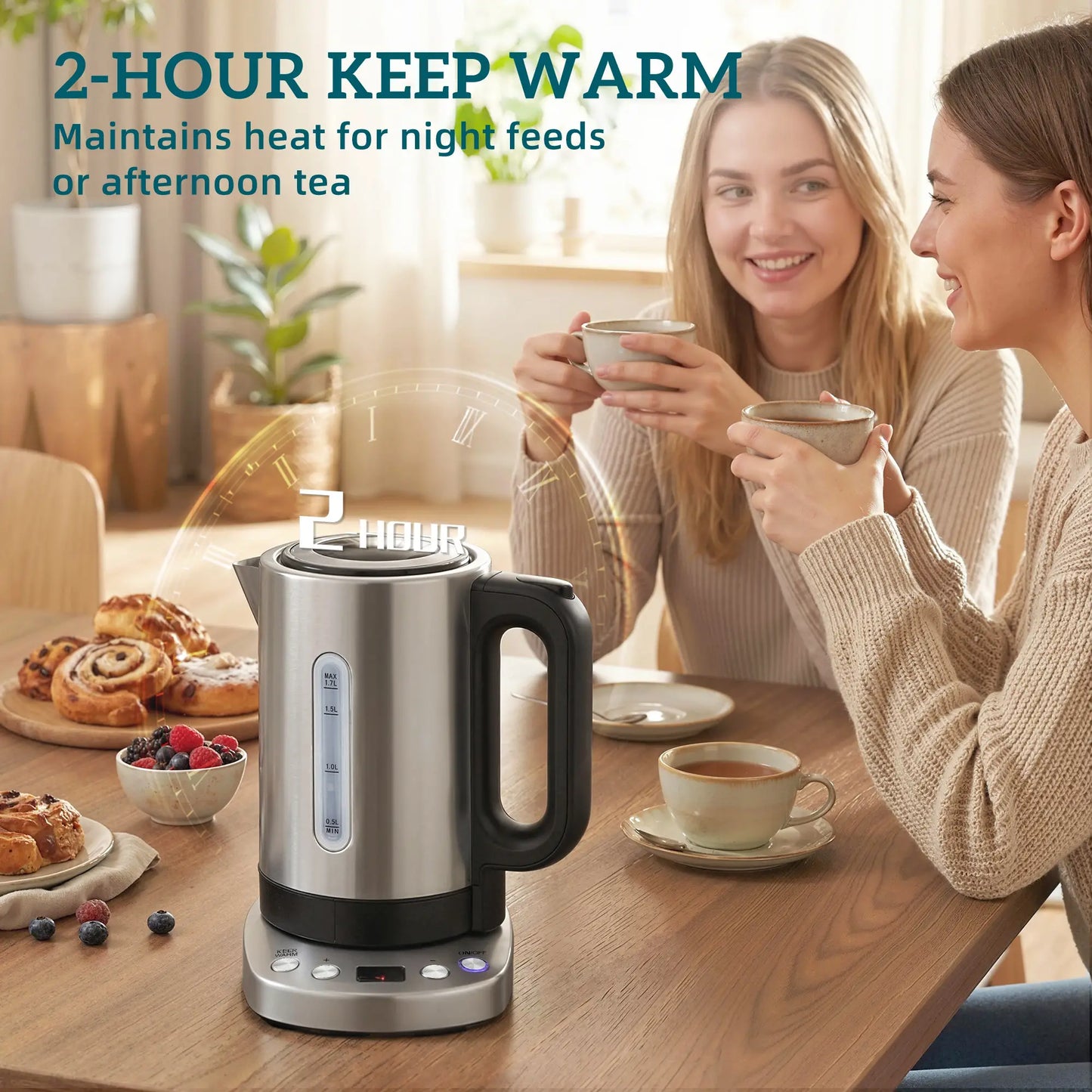 HOMCOM Electric Kettle, 1.7L, Fast Boil, 3kW Water Kettle with UK Strix Thermostat, LCD Base, Silver Tone