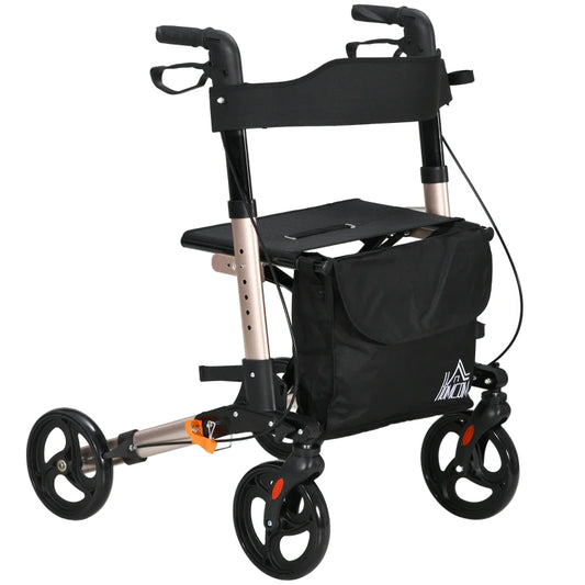 A gold tone four-wheeled rollator walker with a black seat, backrest, and carry bag, designed for mobility assistance.