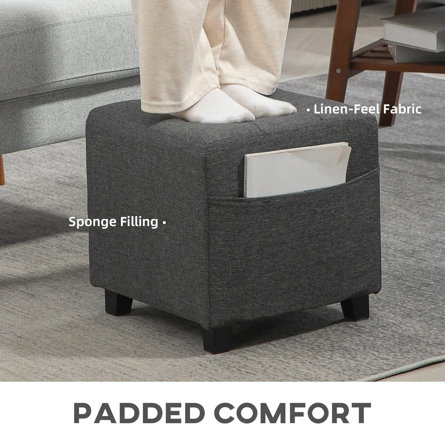HOMCOM Square Footstool, Small Ottoman with Side Pocket, Linen Fabric Footrest Foot Stool with Rubber Wood Legs for Living Room, Bedroom
