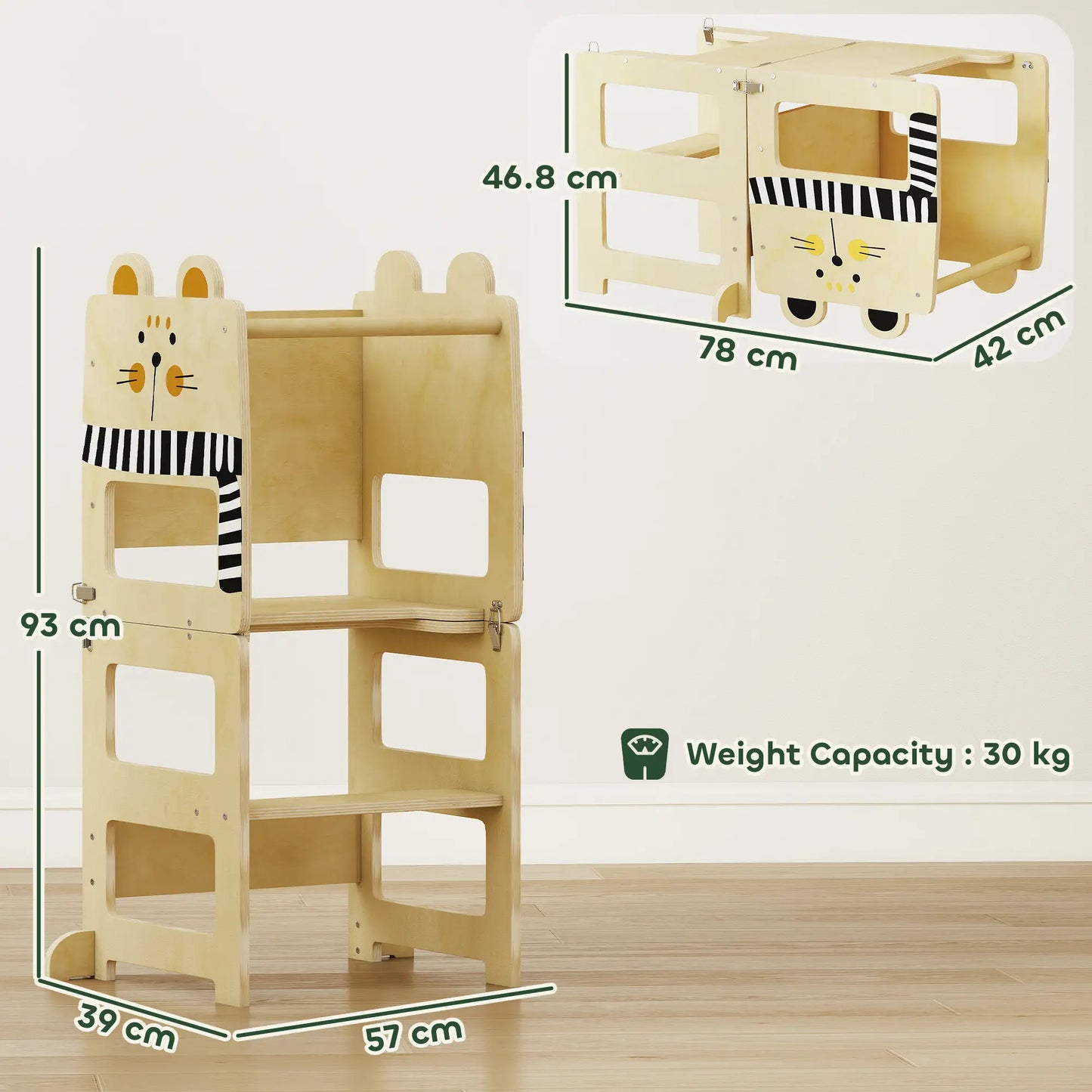 AIYAPLAY Toddler Step Stool, Standing Tower with Chalkboard, 3-in-1 Cat-Shaped for Kitchen Counter, Natural