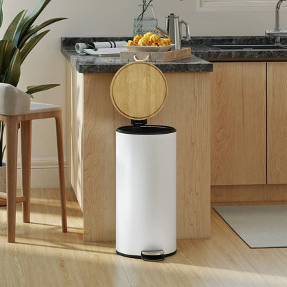 HOMCOM Kitchen Bin, 30 Litre Pedal Rubbish Bin with Removable Bucket, White, Natural
