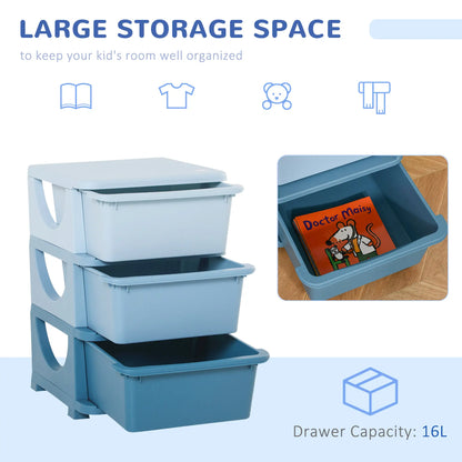 HOMCOM 3 Drawers Plastic Kids Storage Units, 3 Tier Children Toy Chest for Nursery, Playroom, Blue