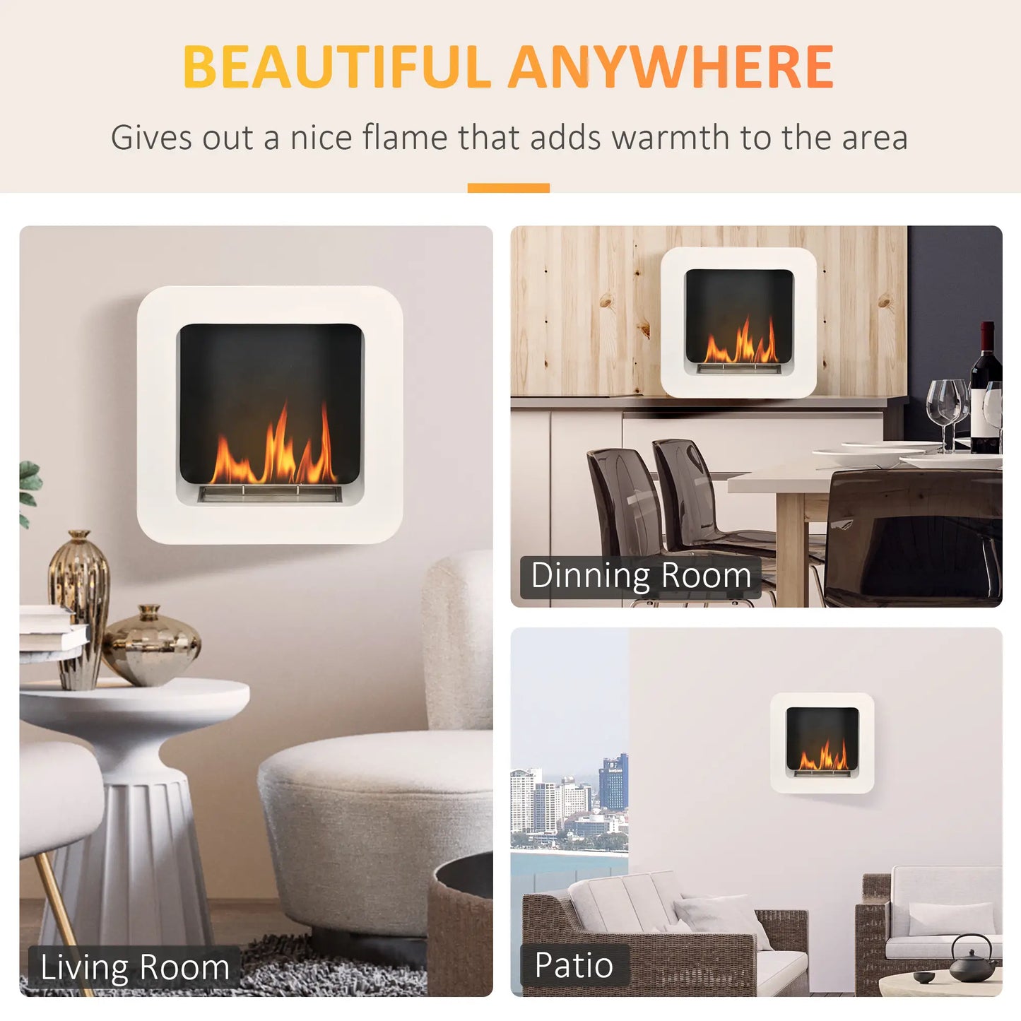 HOMCOM Wall Mounted Ethanol Fireplace, Bioethanol Heater Stove Fire with 1L Tank, 2.5 Hour Burning Time, White