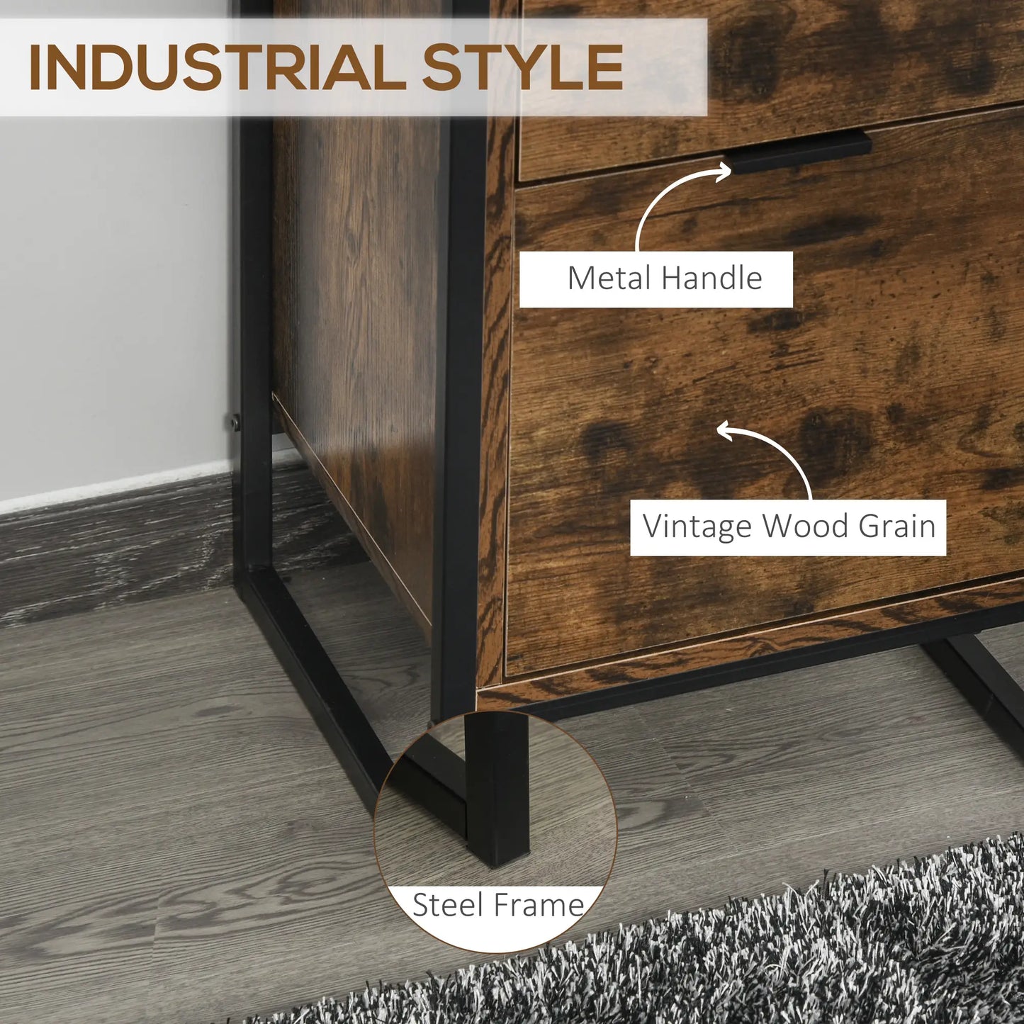 HOMCOM Bedroom Chest of Drawers, Industrial 3-Drawer Dresser, Storage Drawers with Metal Frame, Rustic Brown