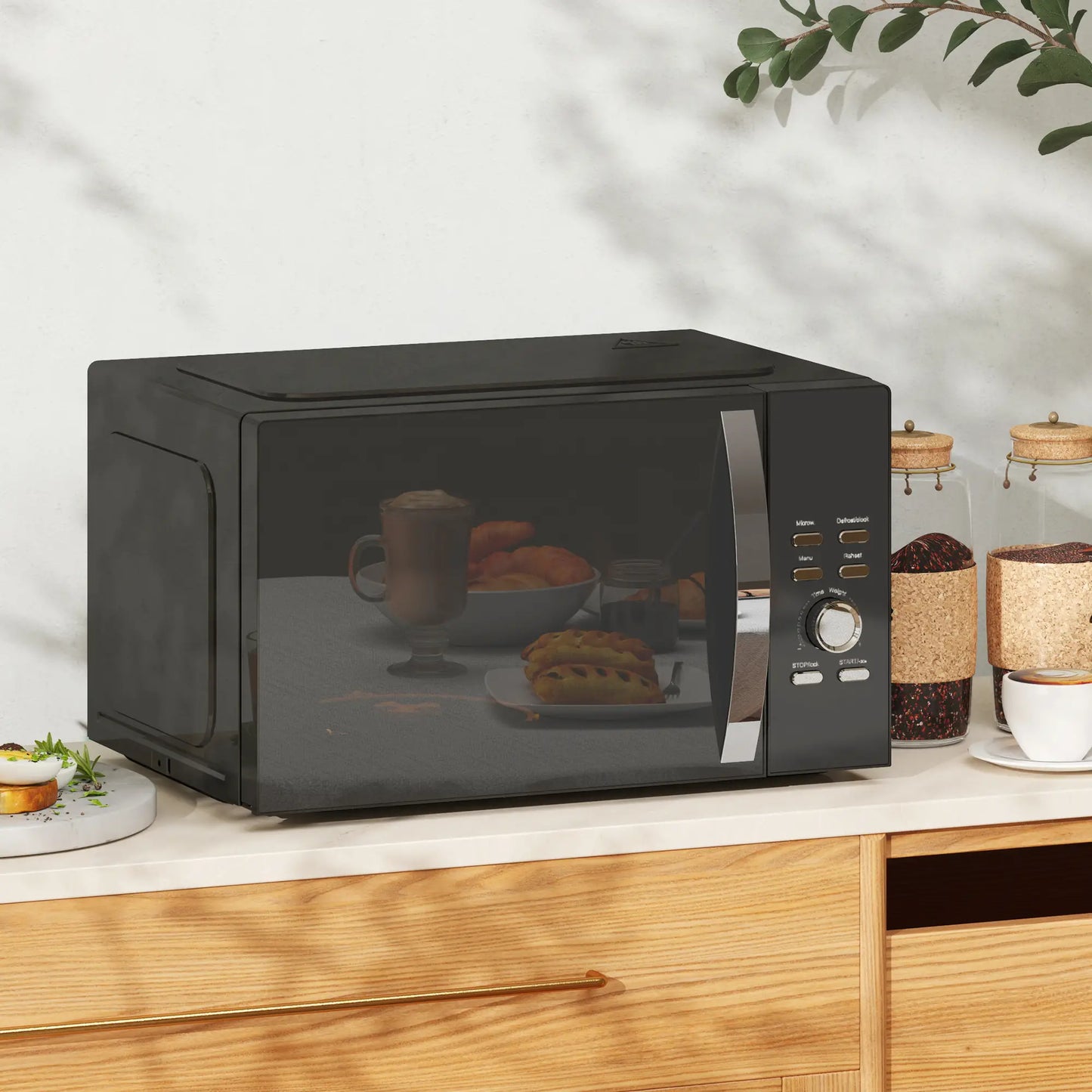 HOMCOM 23L 800W Digital Solo Microwave Oven with 5 Power Levels, Automatic Defrost, 8 Auto Cook Menus, Small, Black