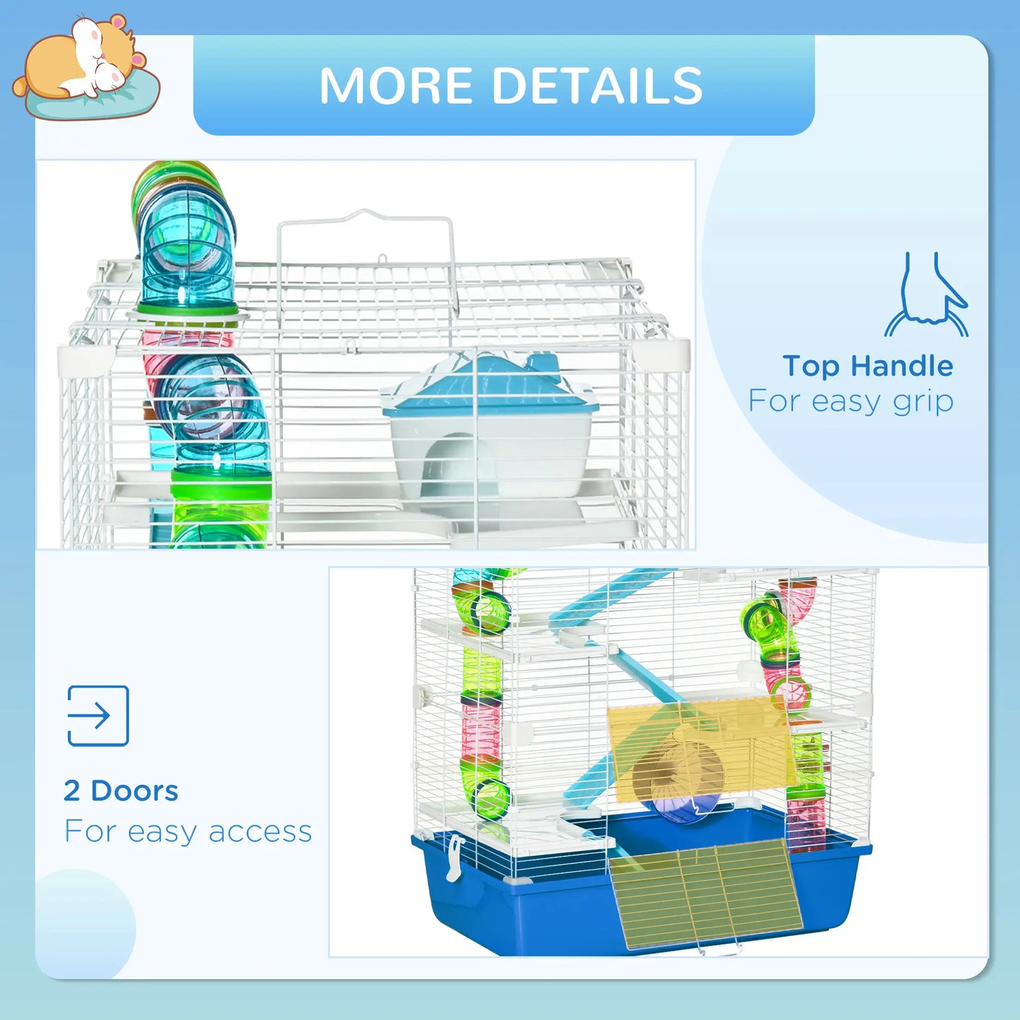 PawHut 5 Tier Hamster Cage, Gerbil Cage with Exercise Wheel, Feeder Bowl, Tube - Blue