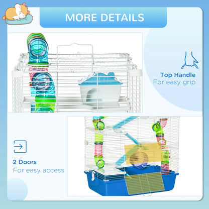 PawHut 5 Tier Hamster Cage, Gerbil Cage with Exercise Wheel, Feeder Bowl, Tube - Blue