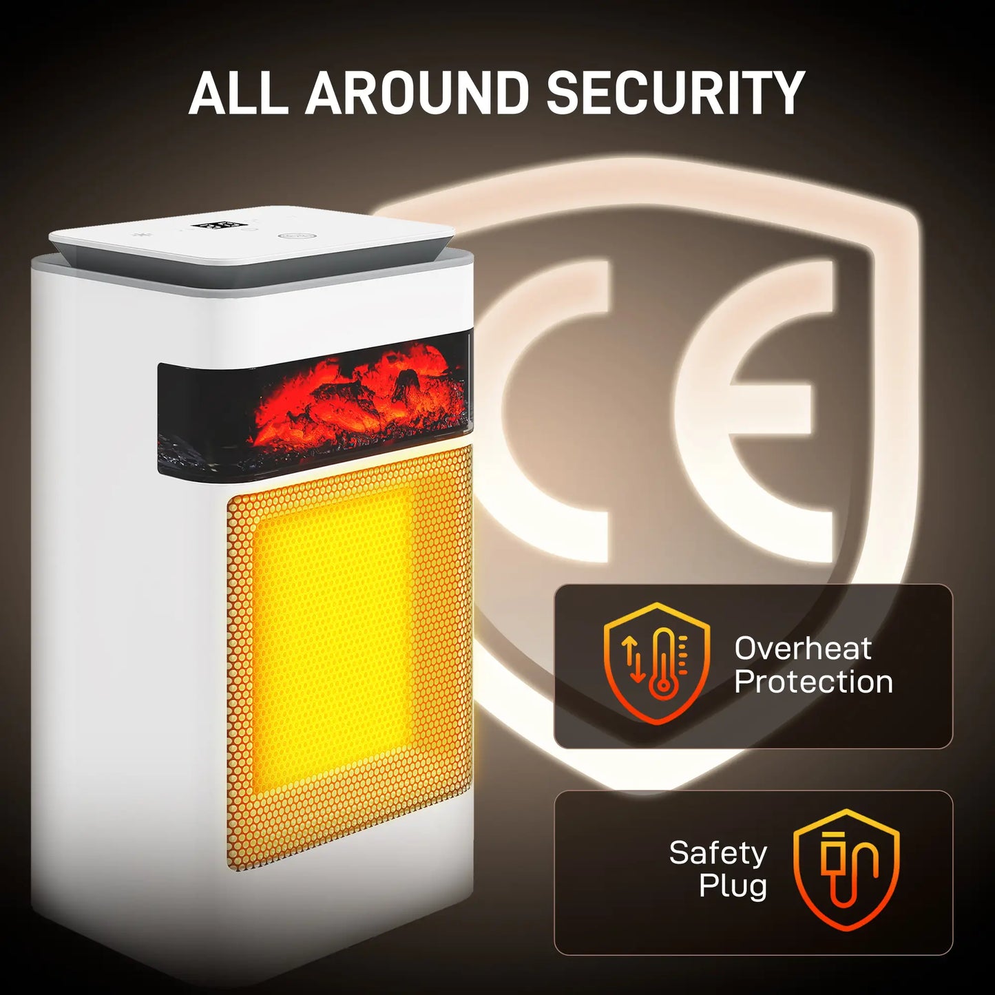 HOMCOM Ceramic Electric Heater, 1500W Fan Space Heater with 3 Modes, 24H Timer, Flame Effect, Oscillation, White