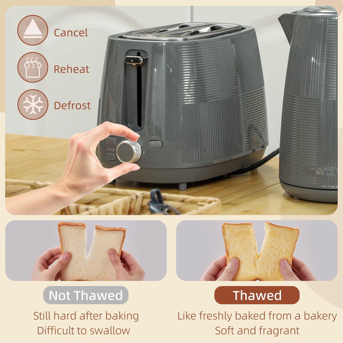 HOMCOM Fast Boil Kettle and 2 Slice Toaster Kitchen Set, 1.7L 3000W with 7 Level Browning Controls, Grey