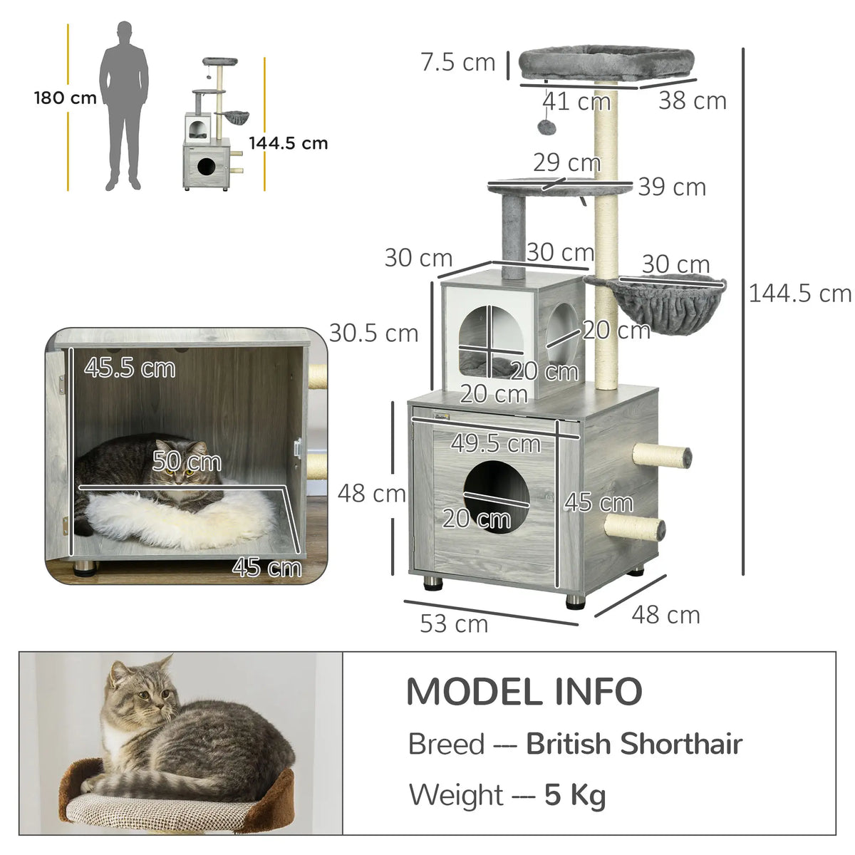 PawHut Enclosed Cat Litter Box with Cat House, Cat Bed, Scratching Posts for Indoor Cats - Grey