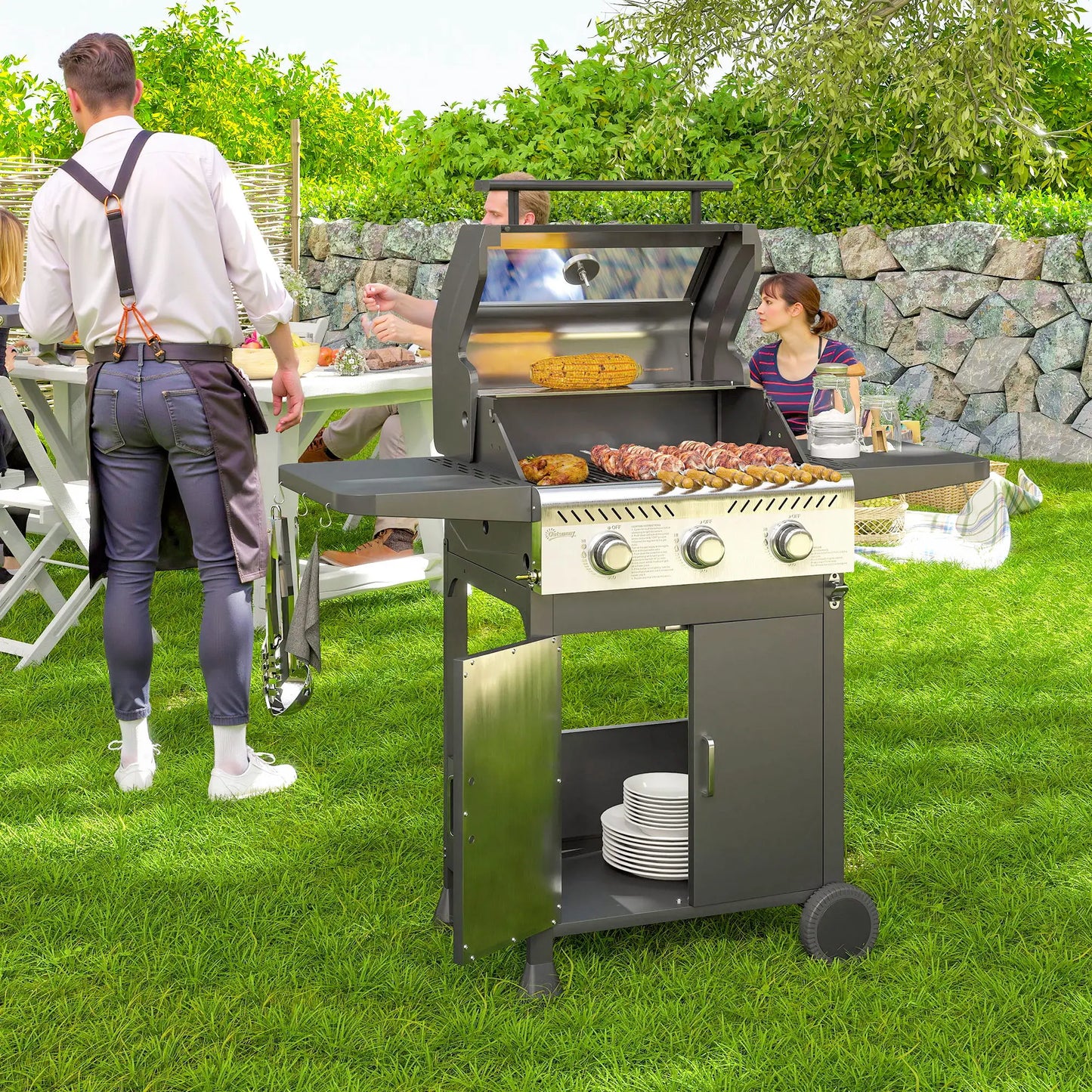 Outsunny 7.5kW Three-Burner Barbecue Gas BBQ Grill with See-Through Lid - Black