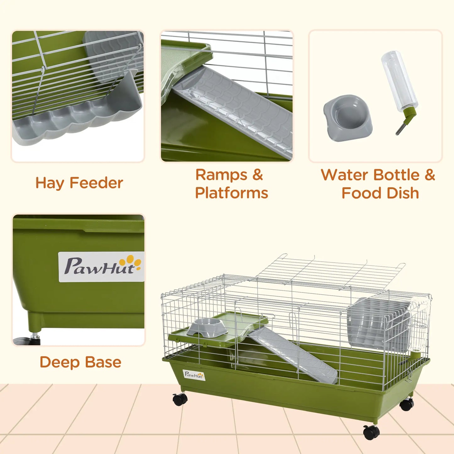PawHut Small Animal Cage Rabbit Guinea Pigs Chinchillas Cage w/ Wheels, Water Bottle, Food Dish, Ramp, Green