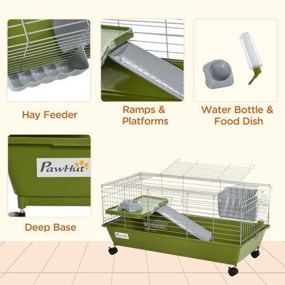 PawHut Small Animal Cage Rabbit Guinea Pigs Chinchillas Cage w/ Wheels, Water Bottle, Food Dish, Ramp, Green
