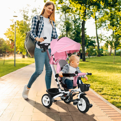 HOMCOM Metal Frame 6 in 1 Baby Push Tricycle with Parent Handle for 1-5 Years Old, Pink