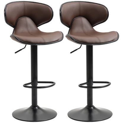 HOMCOM Adjustable Swivel Bar Stools Set of 2, Barstools with Footrest and Backrest, Steel Frame Gas Lift, for Kitchen, Dining Room, Brown