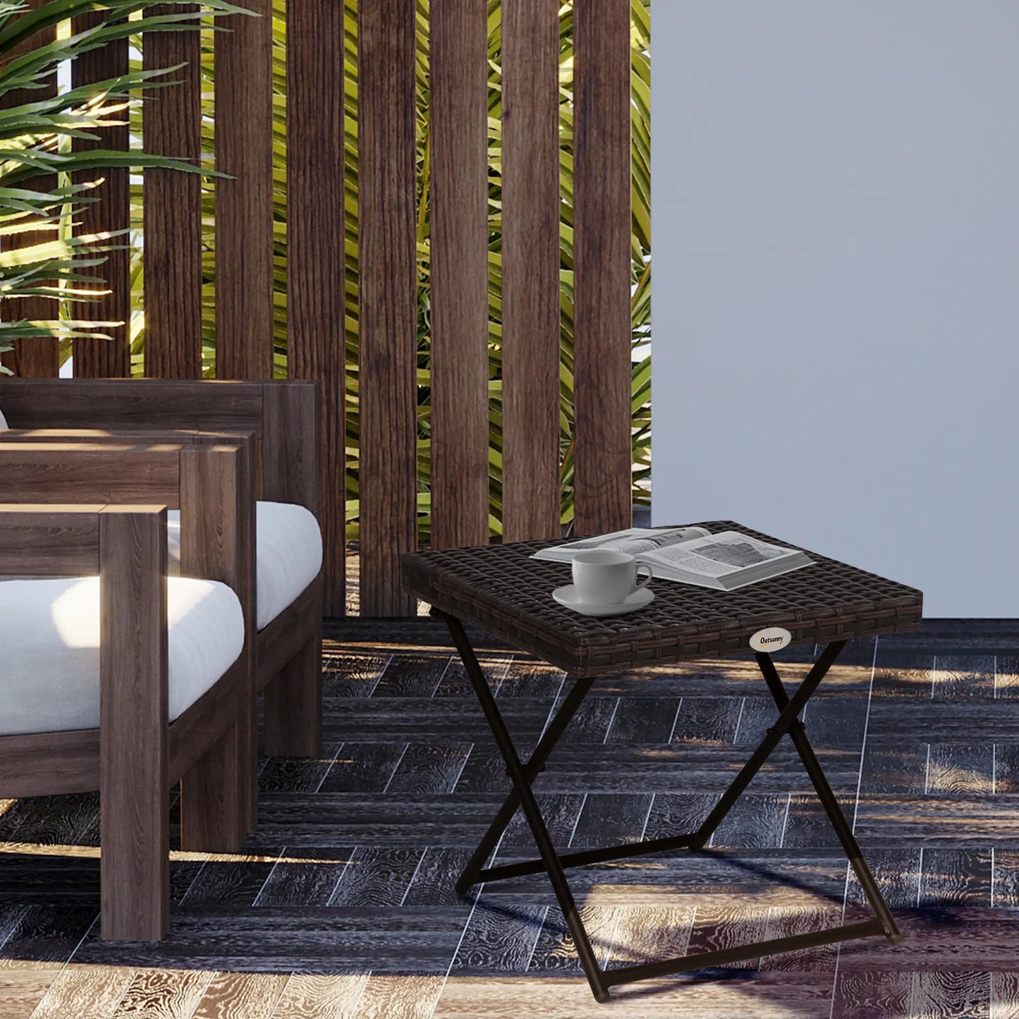 Outsunny Folding Rattan Garden Coffee Table, Small Square Outdoor Bistro Side Table for Patio, Balcony, Porch, Brown