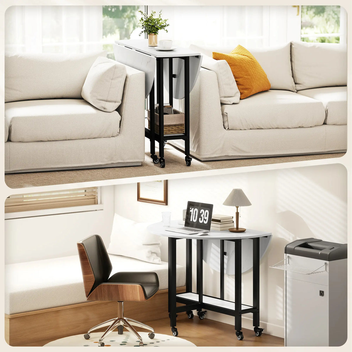HOMCOM Folding Dining Table, Drop Leaf Table with Open Shelf, Rolling Kitchen Table for Small Spaces, White Marble