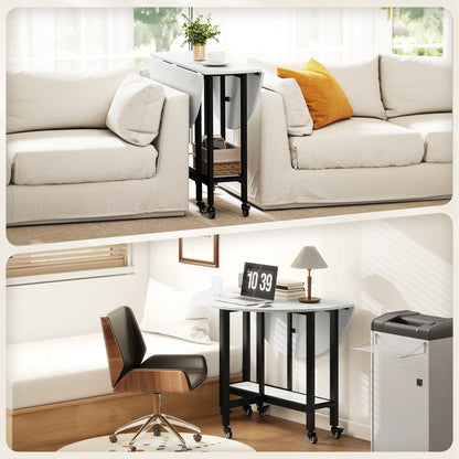 HOMCOM Folding Dining Table, Drop Leaf Table with Open Shelf, Rolling Kitchen Table for Small Spaces, White Marble