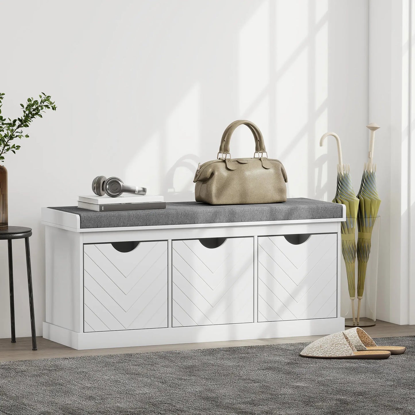 HOMCOM 3-Drawer Padded Shoe Storage Bench with Breathable & Washable Linen-Look Cover, White