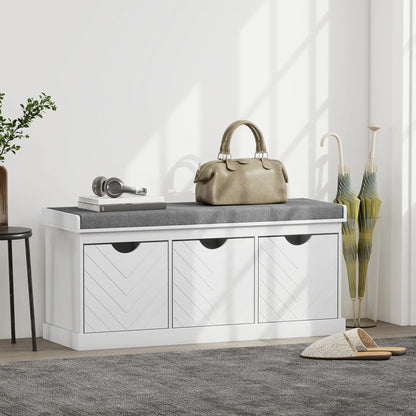 HOMCOM 3-Drawer Padded Shoe Storage Bench with Breathable & Washable Linen-Look Cover, White