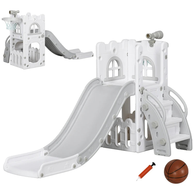 AIYAPLAY 4 in 1 Toddler Slide with Basketball Hoop, Climber, Telescope, Storage Basket, 1-3 Years, Grey