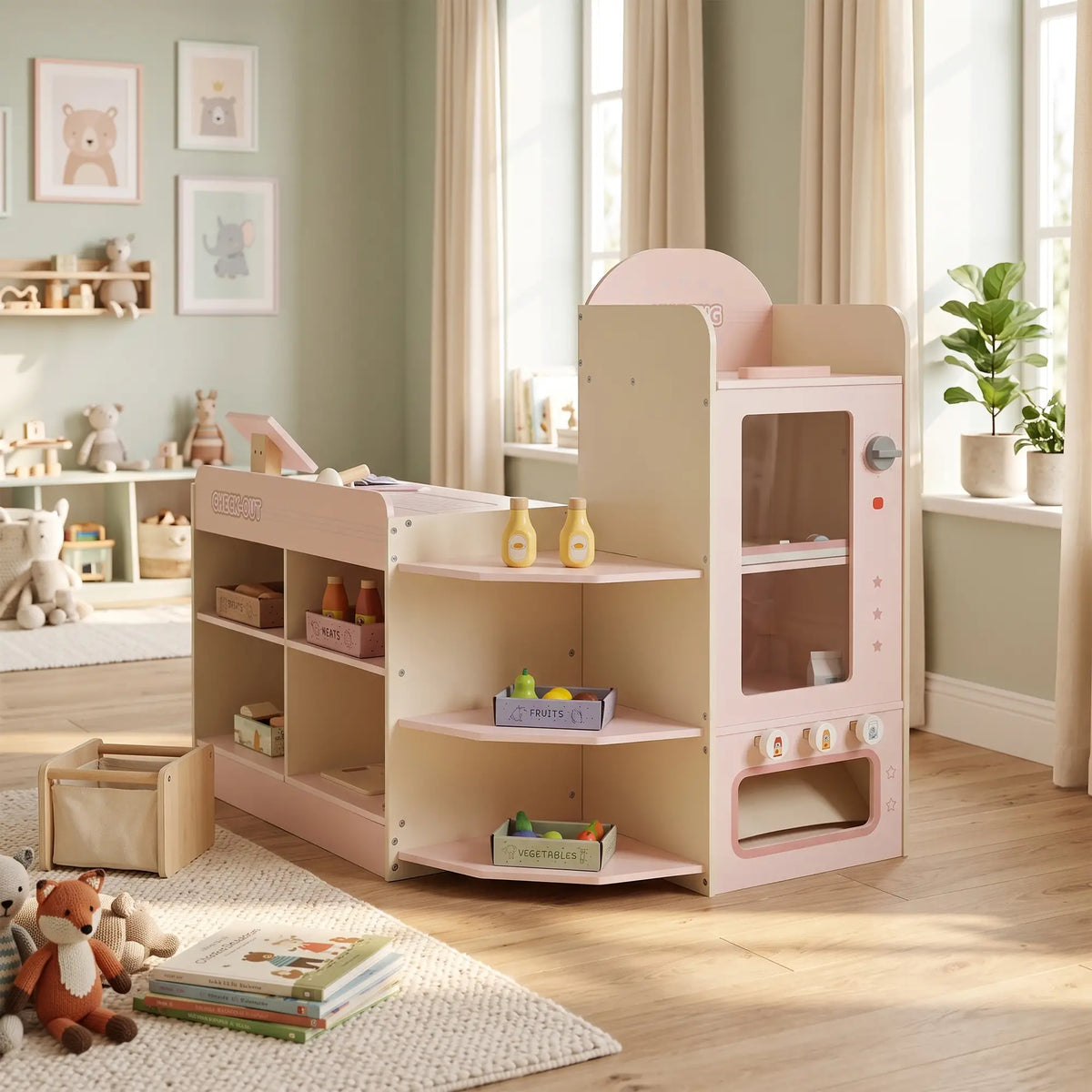 AIYAPLAY Kids Grocery Store, Children Supermarket Playset with Cash Register, Display Shelves