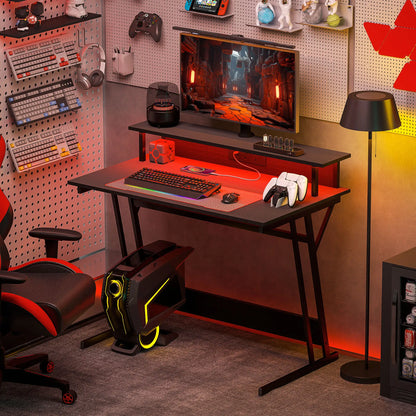 HOMCOM Two-Level LED Gaming Desk, Office Home Computer Table - Black