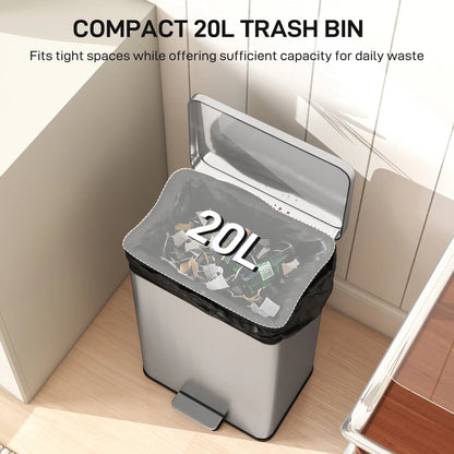 HOMCOM 20L Kitchen Bin with Soft-Close Lid & Stay-Open Function with Pedal & Removable Inner Bucket, Silver Tone